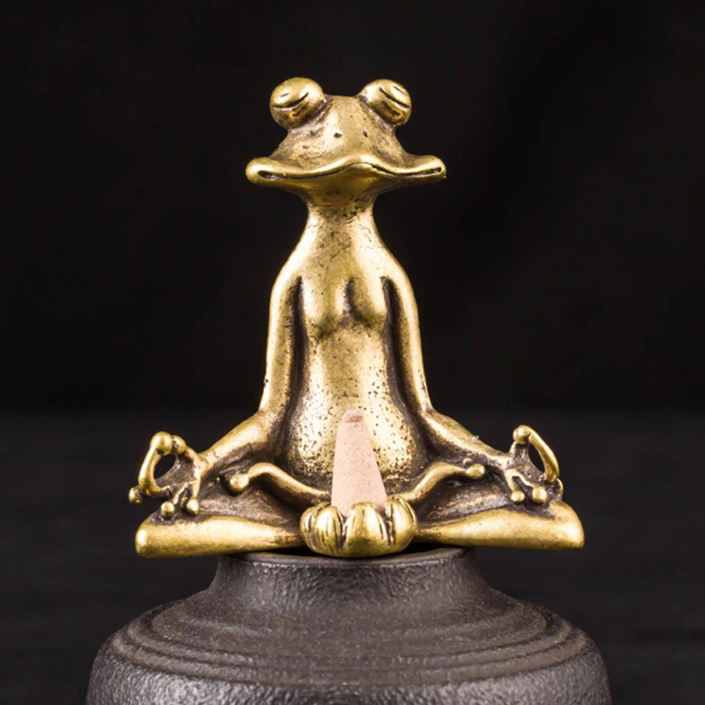 Zen Frog Sculpture Statue Sitting Brass Vintage Holder Incense Ornament Desk KTY