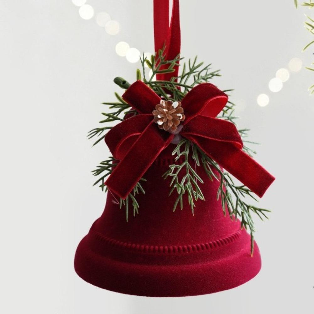 Plastic Red Flocking Christmas Bell Bow Knot Design Exquisite Christmas Tree Topper Star Wreath Pendant Christmas Ball Pendant