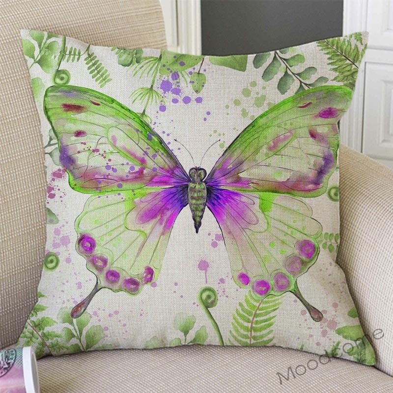 Nordic Summer Hand Drawn Watercolor Butterfly Green Leaves Art Sofa Pillow Case Cotton Linen Butterflies Art Decor Cushion Cover
