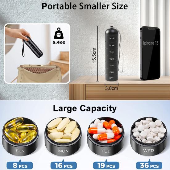 One Week Pill Box Letter Printed with Hanging Rope Large Metal 7 Day Daily Pill Case Container Daily Use