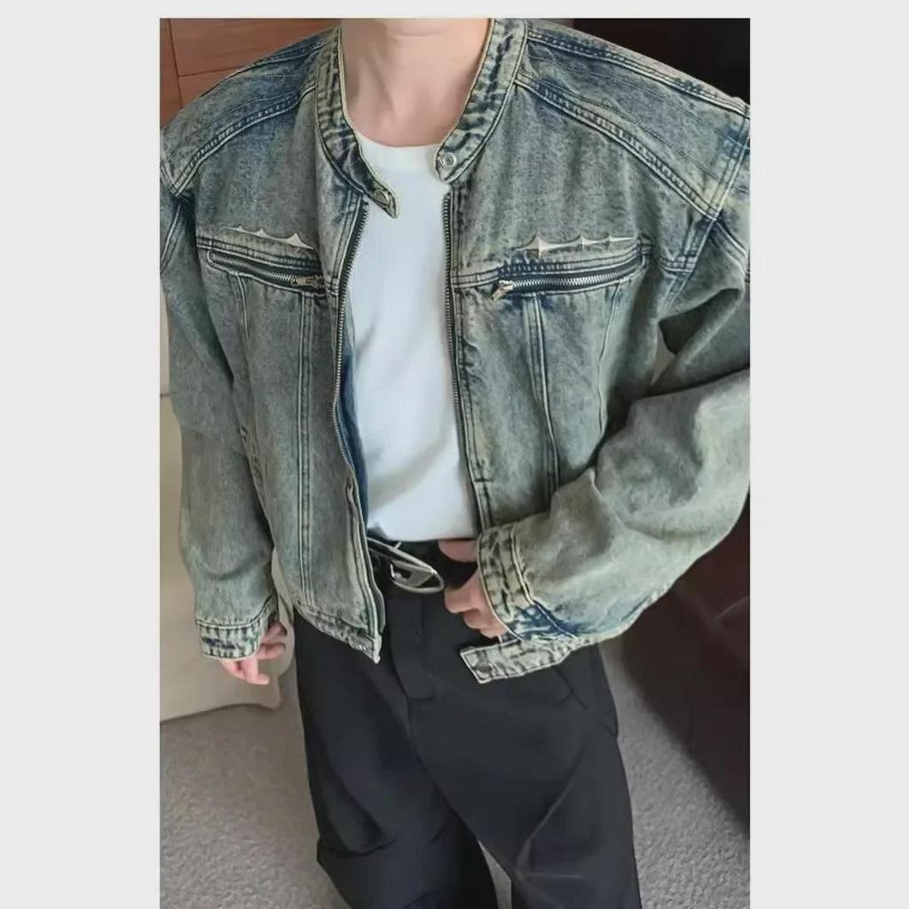 Мужская модная винтажная джинсовая куртка 2023: Дизайн «улица», короткий, воротник-стойка, молния и подплечники для осени