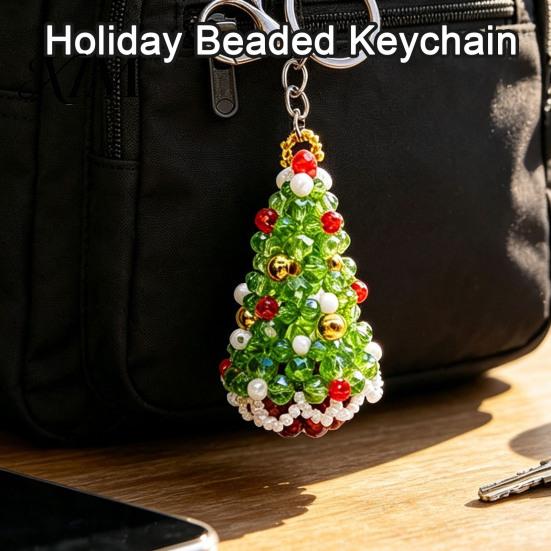 Handcrafted Keychain Handmade Christmas Beaded Keychain, Xmas Tree Wreath Gift Box Bell Key Ring Santa Keyring, Backpack Hanging Decor for Party