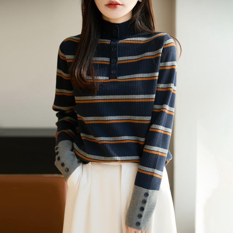 Color Block Striped Half-High Neck Sweater - Women's Fashion Slimming Knit Base Layer for Autumn/Winter.