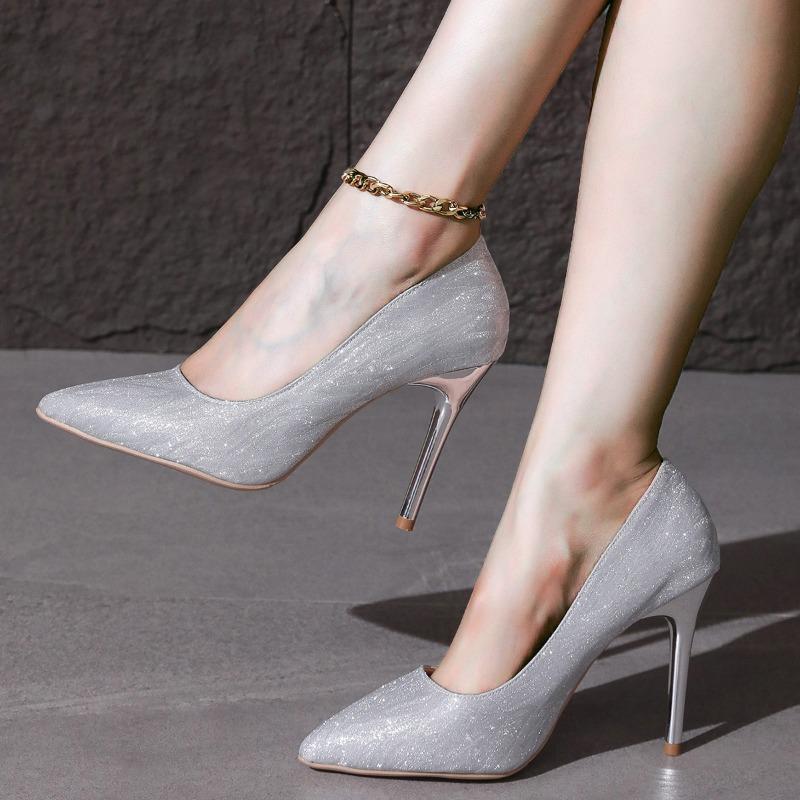 Серебристые туфли-лодочки на высоком каблуке, женские туфли на тонком каблуке, осенние новые туфли с острым носком, свадебные туфли большого размера 4143, темпераментные, с высоким чувством стиля