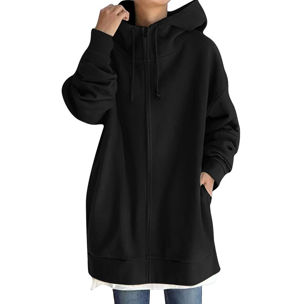 Women's Zip Hooded Long Sweatshirt Lightweight Loose Long Sleeve Casual Sweatshirt With Pocket