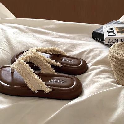 Банся нежный~! Ленивый приморский отпускной стиль шлепанцы женские летние толстая подошва увеличивающие рост дышащие пляжные прохладные тапочки