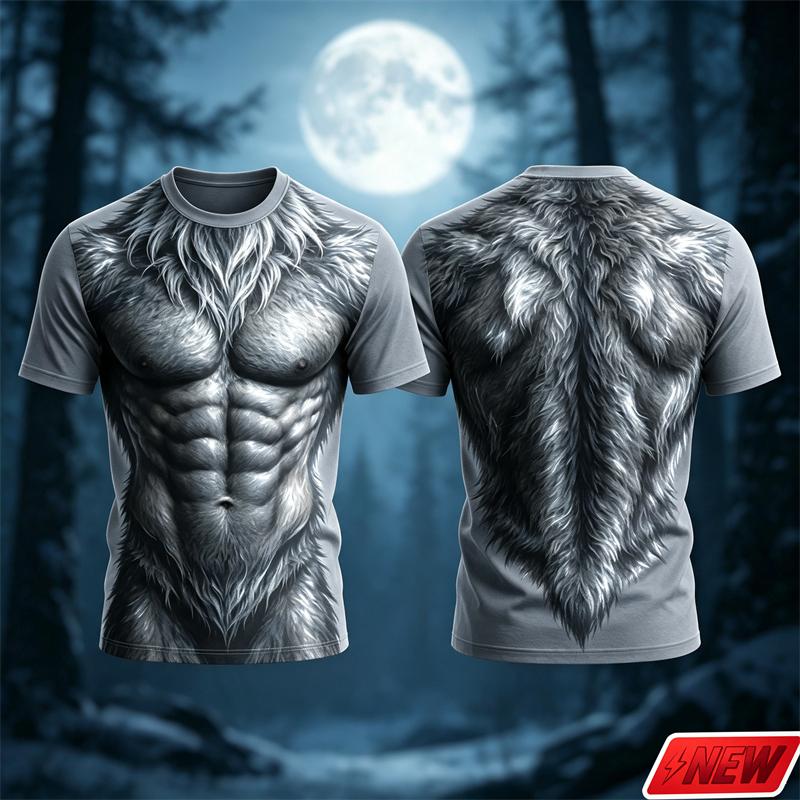 Men 3D Print Fake Wolf Abdominal Muscle Fur Pattern Women's T‑Shirt Fake Hairy Muscle Graphic Short Sleeve Tee Halloween Cosplay Tops