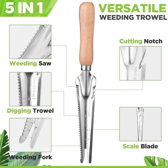 Садовый совок 5 в 1 из нержавеющей стали для удаления сорняков с деревянной ручкой, многофункциональный ручной совок для легкого удаления сорняков, посадки и пересадки