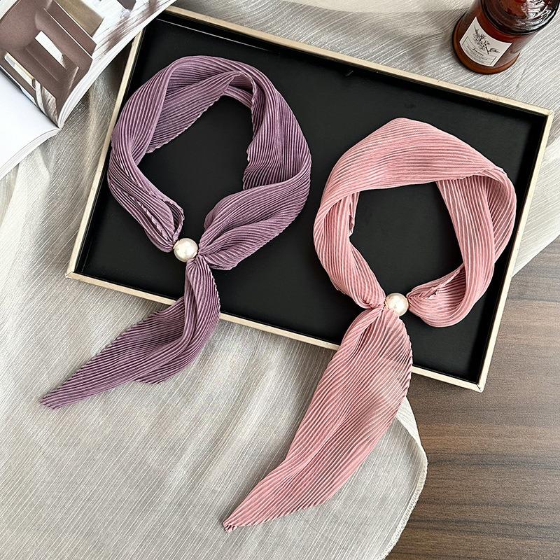 Pearl Magnetic Silk Scarf High-end New Versatile Solid Color Pleated Silk Scarf with Shirt Neck Protector Scarf
