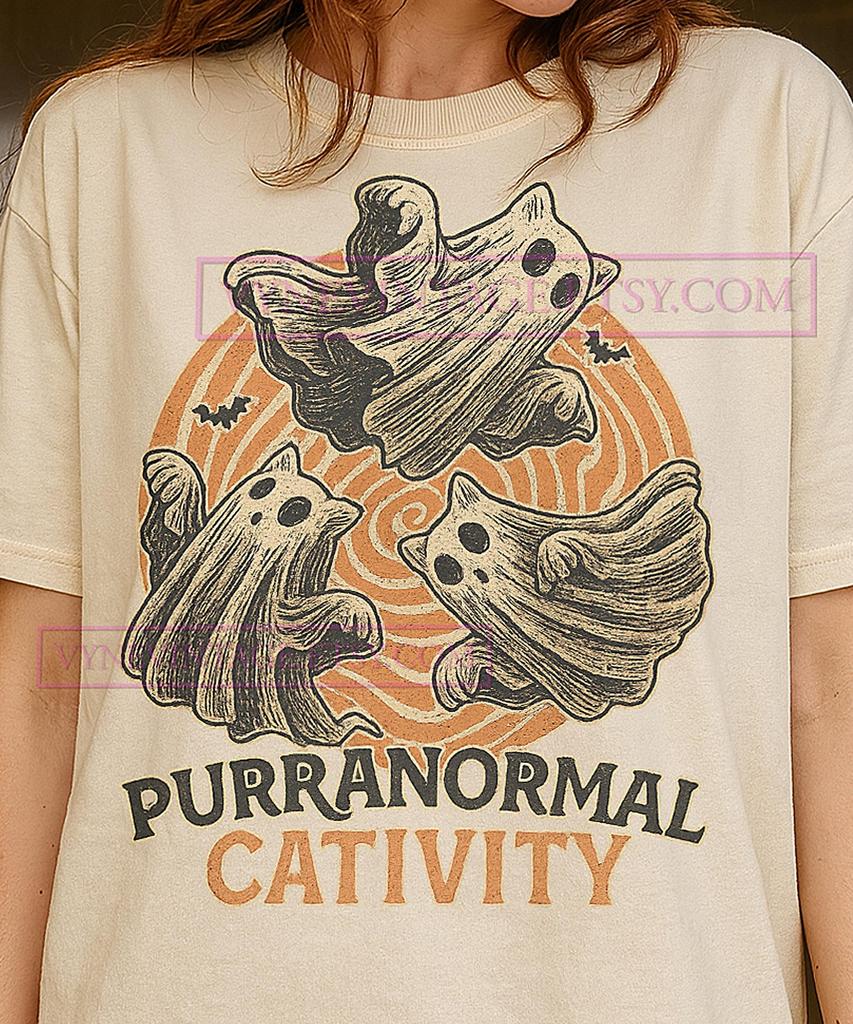 Purranormal Cativity Ghost Cats T-Shirt, Vintage Halloween Folklore Retro Lineart, Hand Drawn Transparent Tee, Spooky Cat Lover Gift