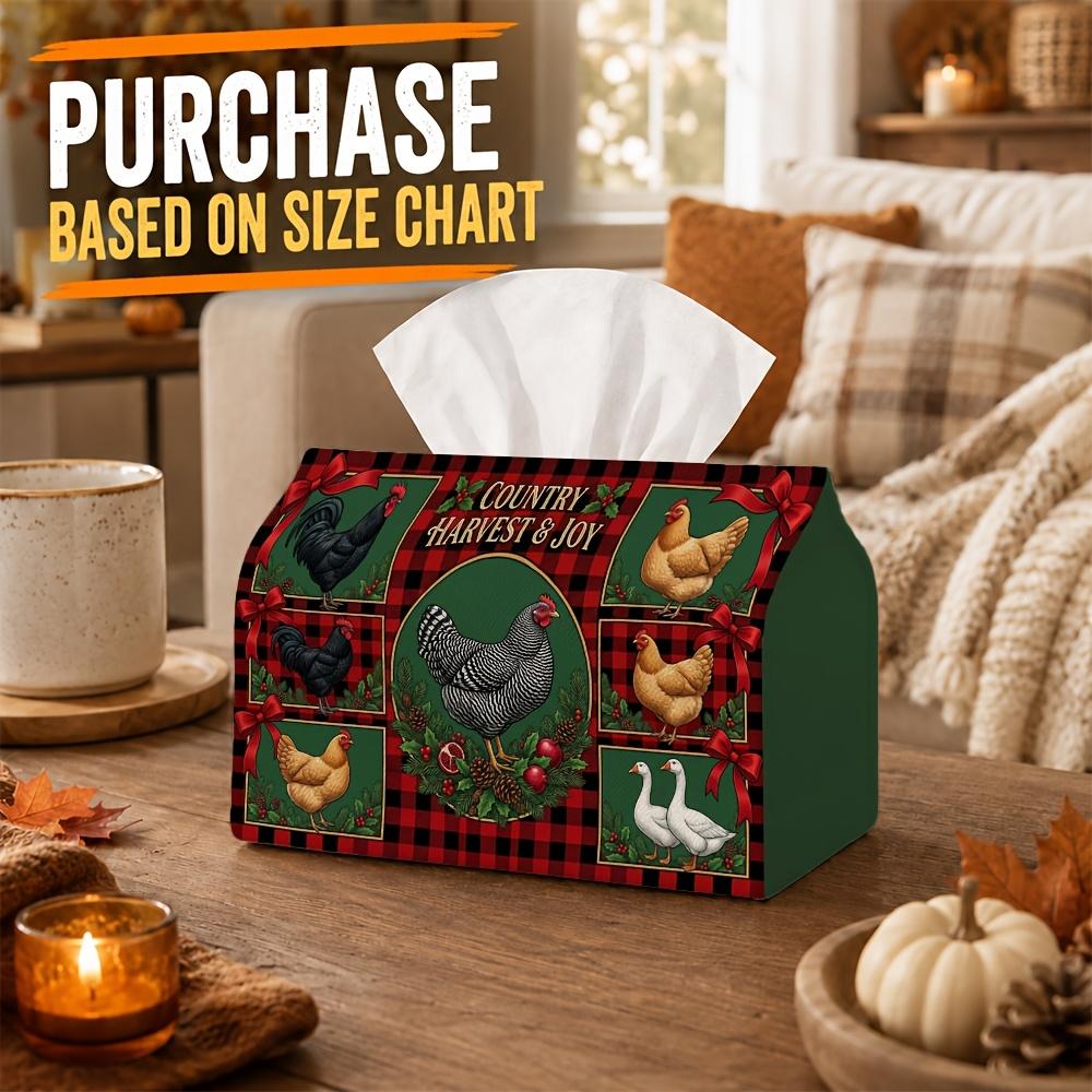 1pc Farmhouse Rustic Tissue Box with Rooster & Hen - Napkin Holder Suitable for Rolls/Facial Tissues, Multi-Functional Storage Organizer for Home, Car