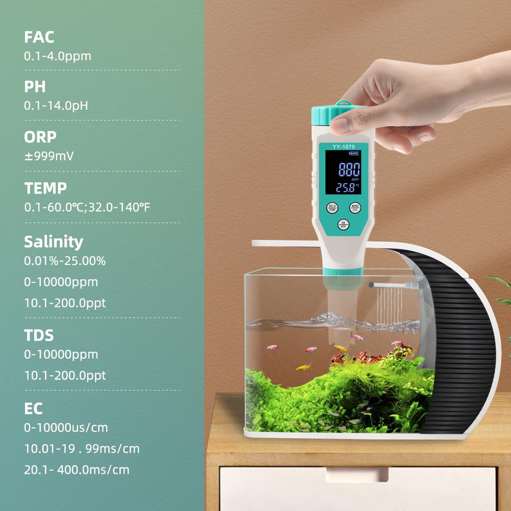 Монитор качества воды 7 в 1, хлор, PH, общее количество растворенных твердых веществ, СОЛЬ, ОВП, FAC, температурный тест EC