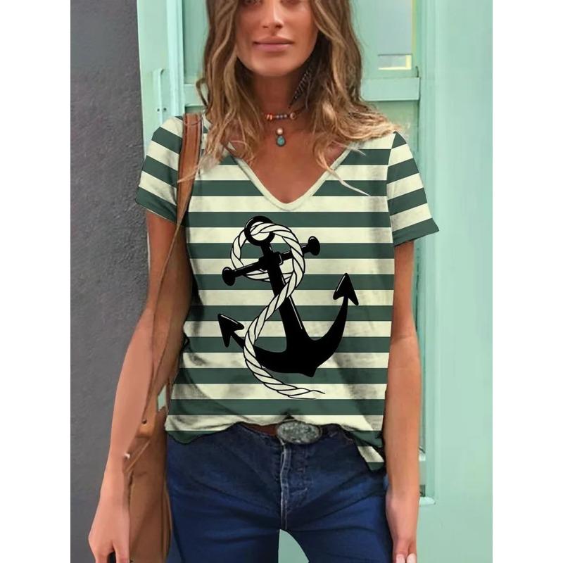 Полосатая графическая 3D футболка женская летняя с V-образным вырезом и коротким рукавом, праздничная повседневная футболка, женская уличная одежда, футболка оверсайз
