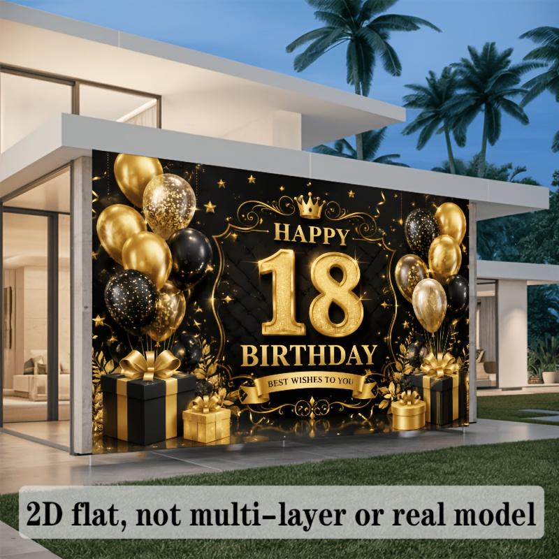2D flat black-gold theme background fabric for 18th birthday featuring golden balloons and gift boxeszyc