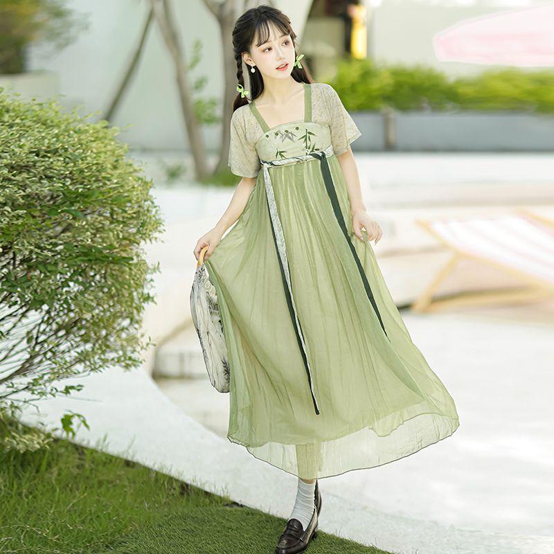 Женское улучшенное свободное платье средней длины Hanfu с короткими рукавами большого размера