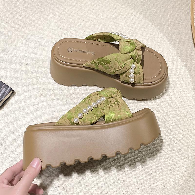 Fashion 9CM Women High Platform Beads Slippers New 2025 Summer Beach Ladies Wedge Heels Shoes Woman Outside Chunky Sandals