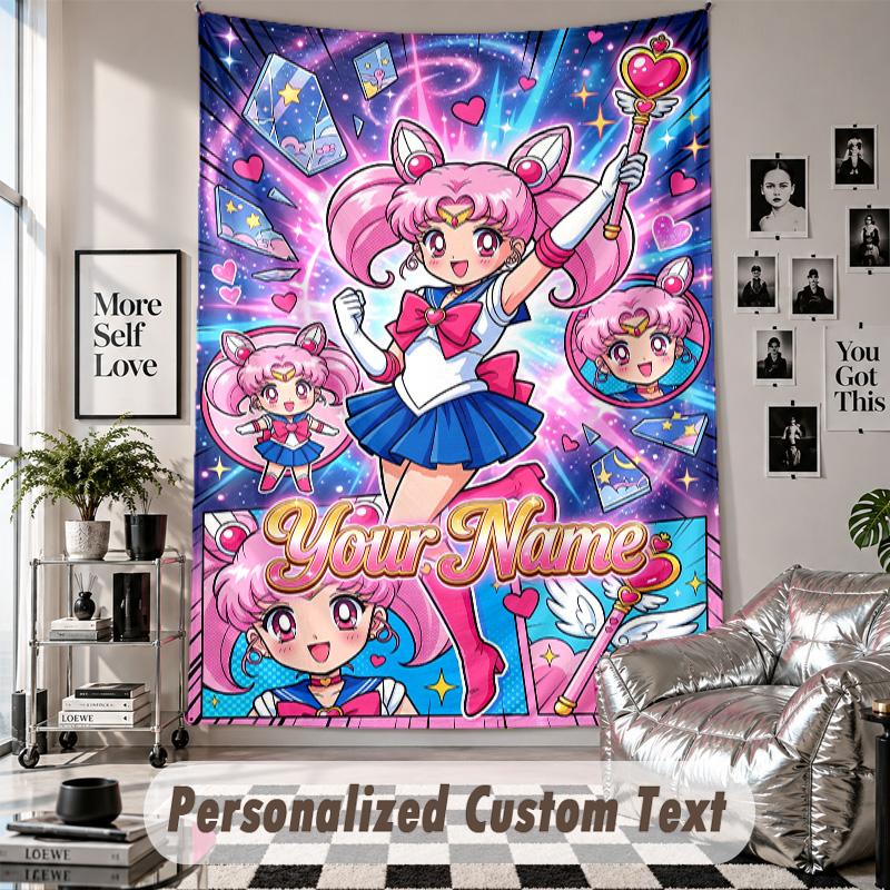 Wall Hanging Tapestry With Custom Name & Text, Sailor Moon Decorative Tapestry For Bedroom