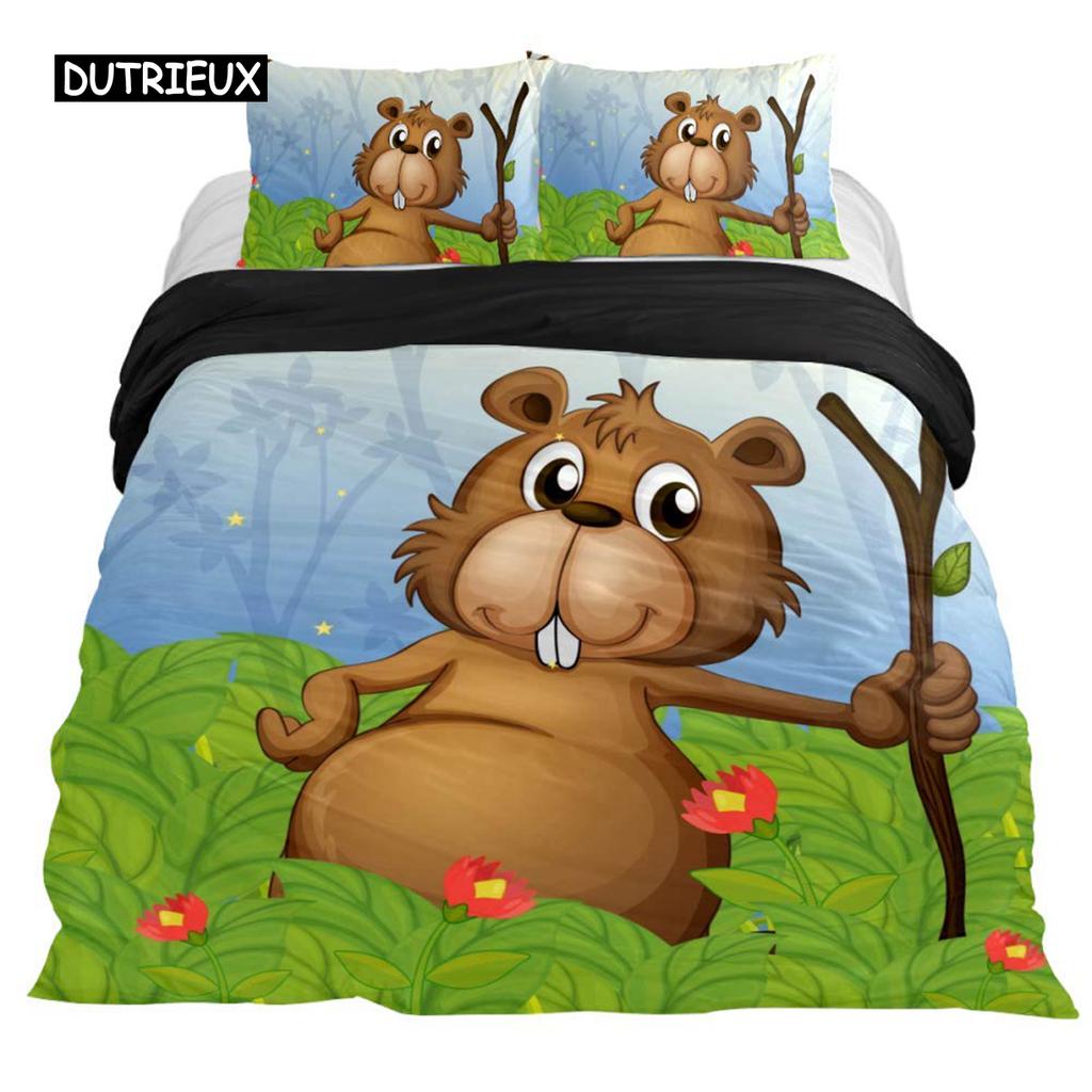 Мультяшный бобер Пододеяльник Размер King Size Queen Size Забавное Милое Животное Постельное Белье Коллекция Дети Девочки Дикая Природа Прочный Полиэстер Пододеяльник