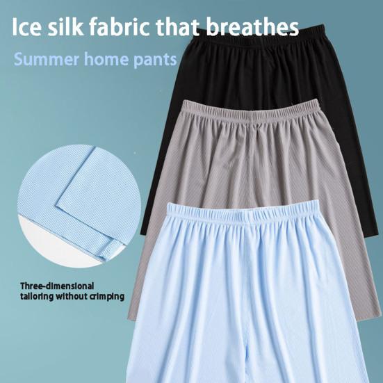 Mid-rise Elastic Waistband Pajama Shorts Ribbed Colorfast Breathable Wide Leg Men Ice Silk Pajama Pants Homewear