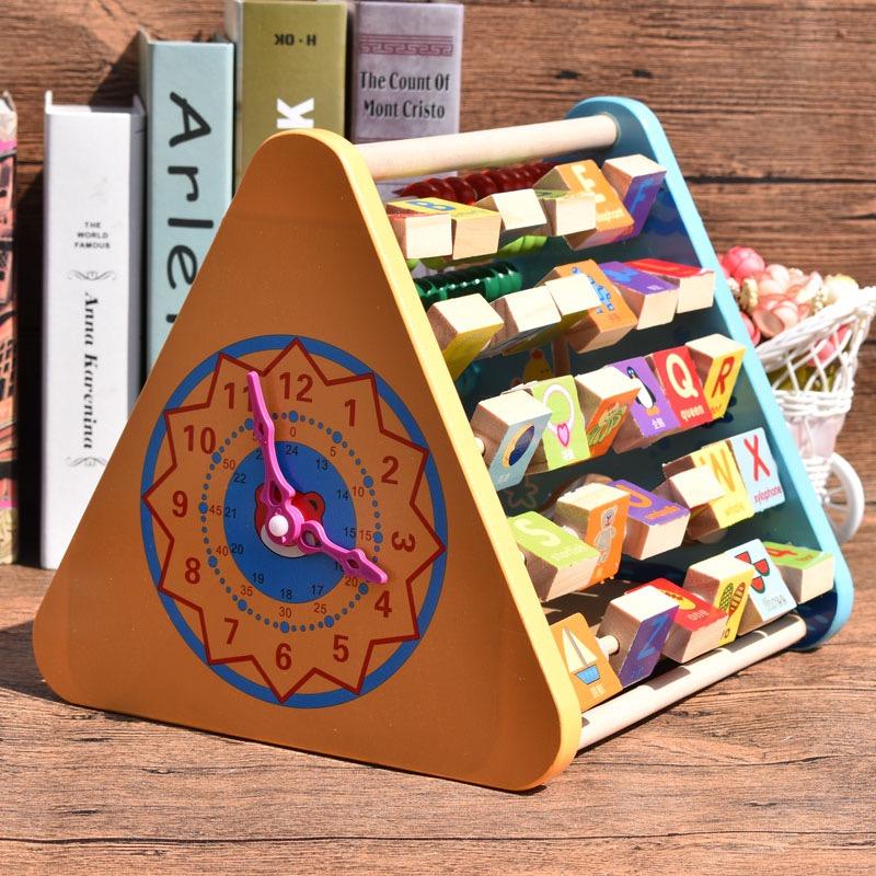 Hntob Wooden Five Sides Learning Shelf Multipurpose Activity Centre Triangle Abacus Cube Toy