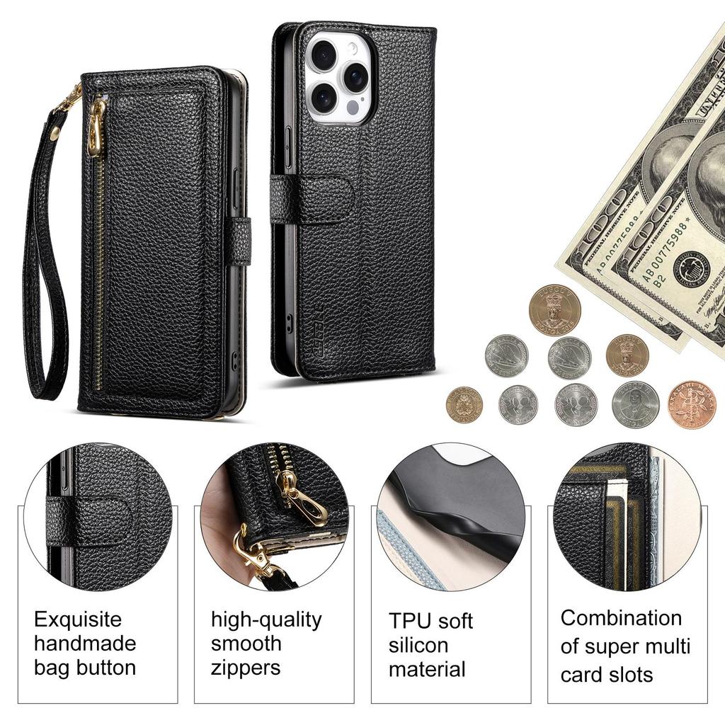 Magnetic Zipper Wallet Crossbody Case for iPhone 17 16 12 13 14 15 Pro Max Luxury Leather Mirror Makeup Card Slots Book Cover