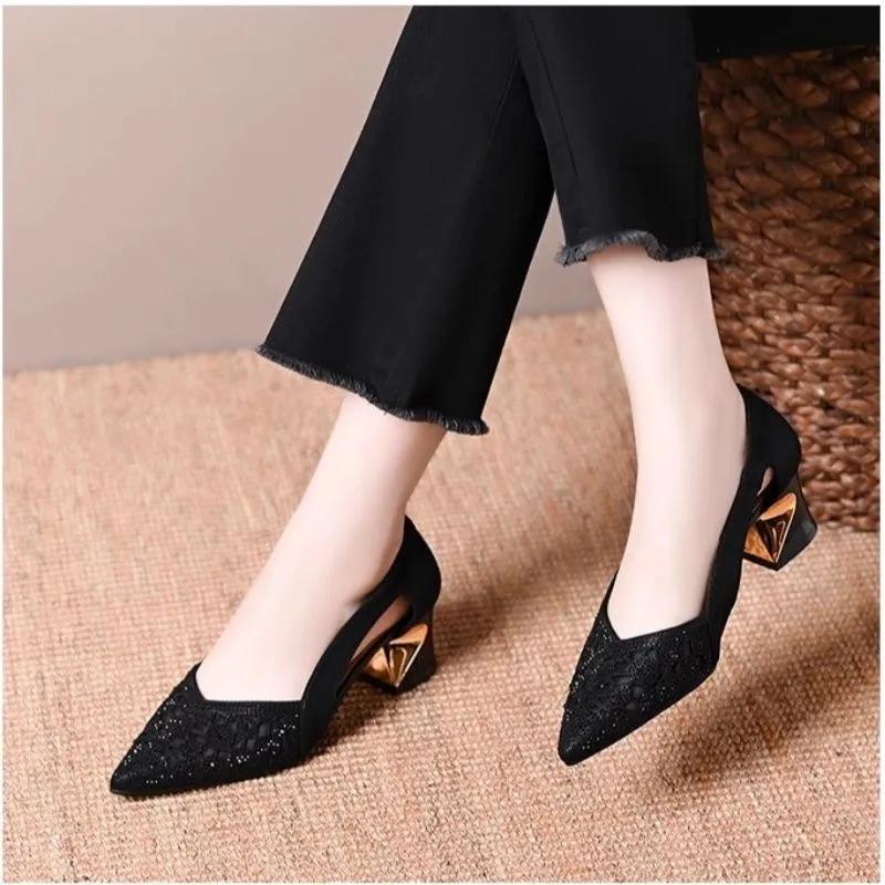 Women Cute Sweet Beige Spring & Summer Hollow Out Breathable Slip On Square Heel Shoes Lady Casual Sexy Pumps Ab674
