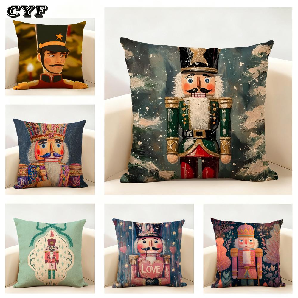 Nutcracker Cartoon Cushion Cover Household Decoration Linen Sofa Cushion Cover: Skin-Friendly & Breathable With Invisible Zipper