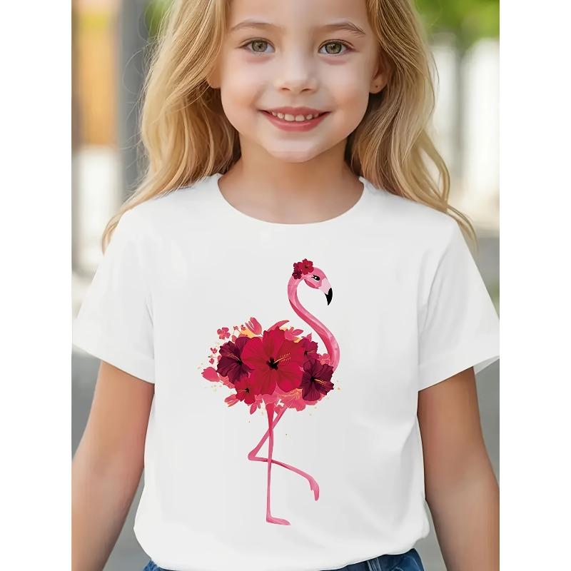 Girls Crewneck Short Sleeve T-Shirt, Cute Flamingo Floral Print