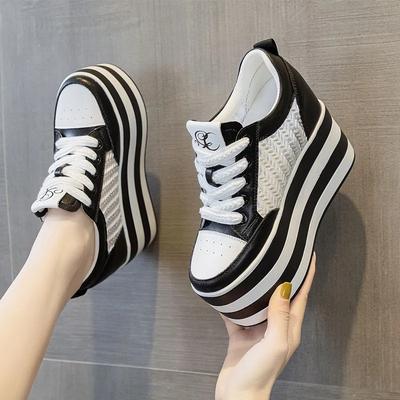 12см Новая Воздушная Сетка Кожа Натуральная Платформа Клинья Балетки Летние Весенние Ботильоны Женские Высокий Бренд Белый Высокие Каблуки Обувь