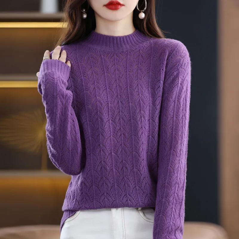Spring Autumn Mock-neck Pullover Sweater for Women Hollow Out Knitwear Jumpers Female Pull Femme Top