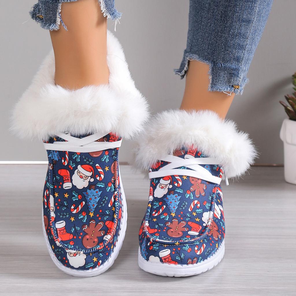 Fashion 2024 Winter New Women's Santa Print Canvas Shoes Fluffy Plush Lined Warm Slip-On Flat Shoes