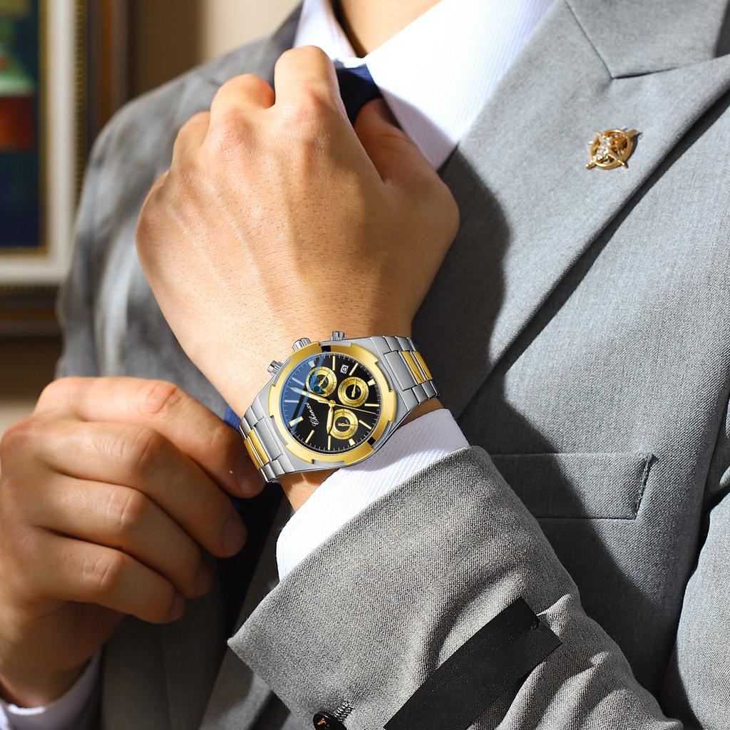 Темперамент Мужские Роскошные Модные Дизайнерские Золотые Мужские Часы Многофункциональные Светящиеся Кварцевые Мужские Наручные Часы Relogio Masculino