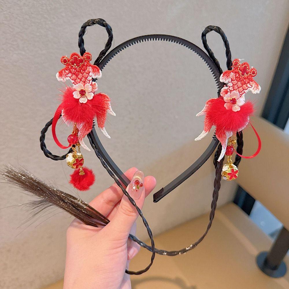 Tassel Children Wig Headband Flower Hanfu Headwear Simple Ancient Style Red Hairband Girls