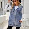 Однотонный весенний женский жилет без рукавов с капюшоном из классического выстиранного денима, куртки и пальто