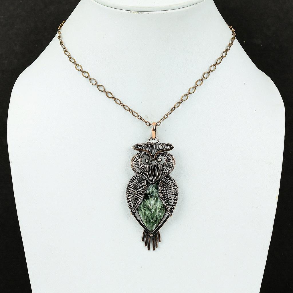 Подвеска из серафинита, медная проволочная обертка, серафинит, драгоценный камень, ювелирные изделия, подвеска ручной работы в стиле бохо, медные украшения, кулон в виде совы, подарок для женщин