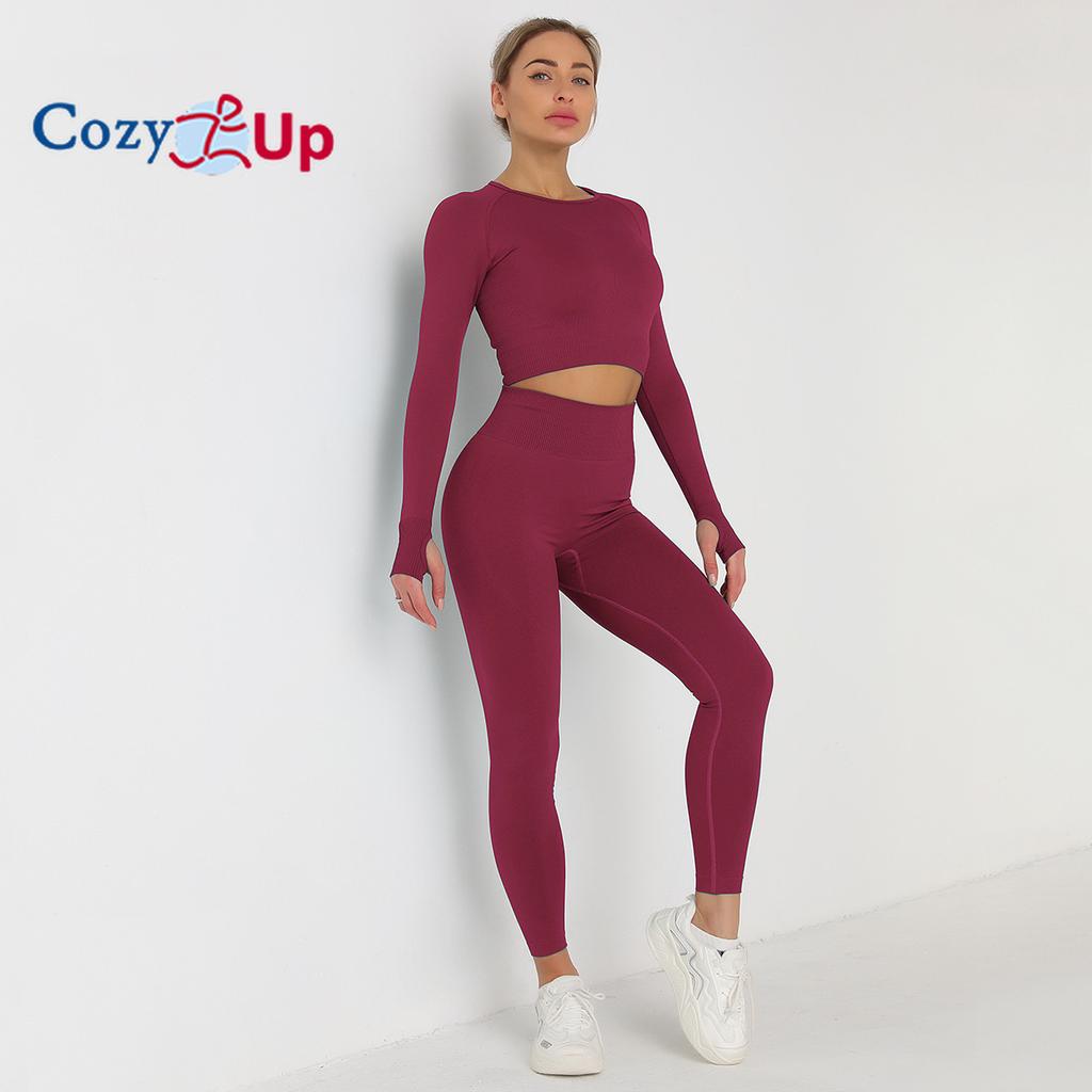 Cozy Up Тренировочные комплекты для женщин из 2 предметов для занятий йогой, бесшовные ребристые леггинсы с топами с длинными рукавами