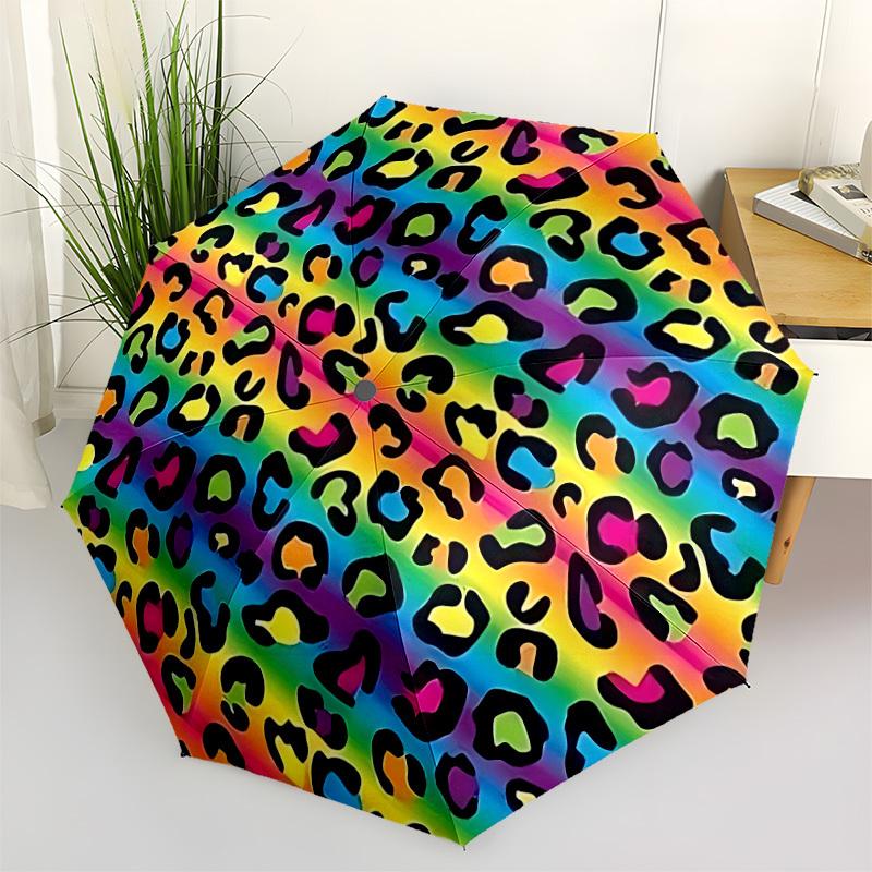 1pc Rainbow Leopard Print Folding Umbrella | Elegant Design, Fashionable Accessory, Durable Construction, Sturdy Ribs yy251107011