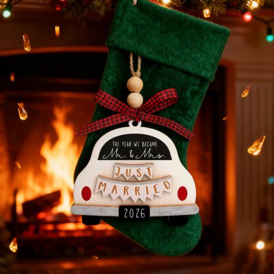 First Christmas Married Ornament Rustic Wooden Car Wedding Ornament with Buffalo Plaid Bow for Couples Bridal Shower Newly Married Wedding Decor
