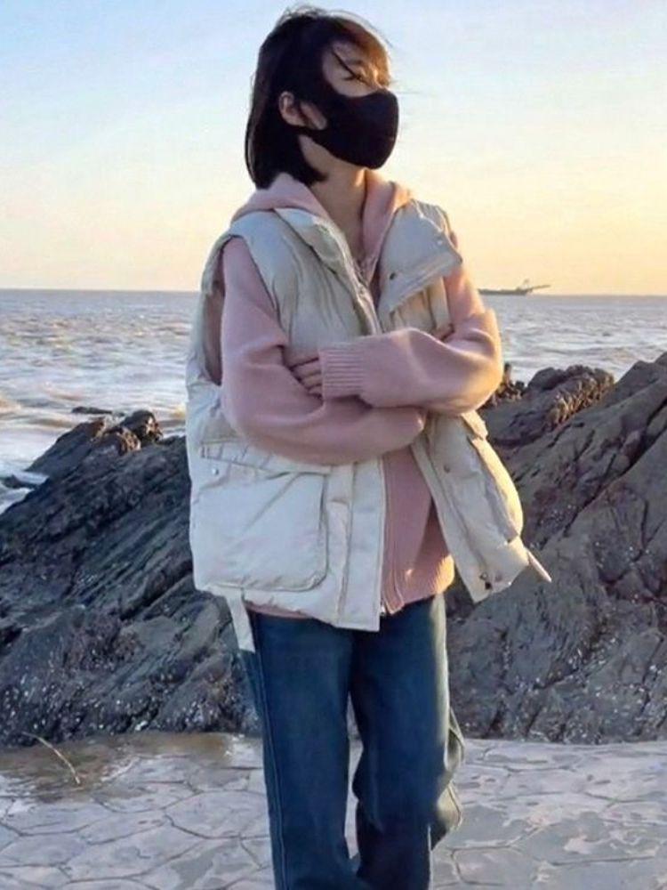 Глянцевый пуховый жилет без стирки для женщин - Осень/Зима, воротник-стойка, без рукавов, модная верхняя одежда