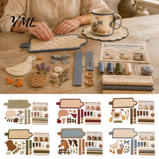Quilted Mug Sleeve Pattern Farmhouse Friends Cozy Sewing Kit, DIY Animal Cup Craft, Handmade Fabric Craft Supplies Project with Festive Patterns,