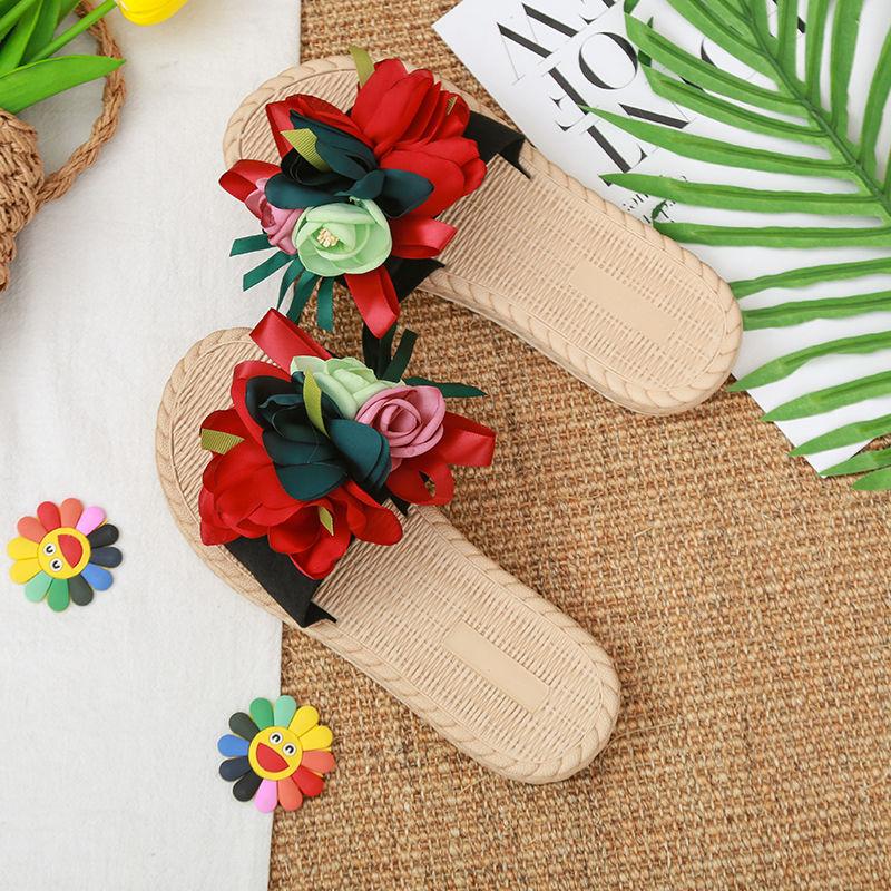 Женские сандалии, летние шлепанцы с искусственными цветами для женщин, нескользящие шлепанцы на толстой подошве, праздничная пляжная обувь, модная обувь