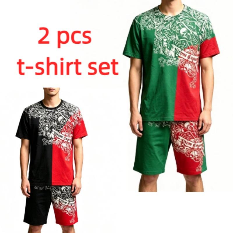 Summer Casual Retro Skull Printed Round Neck Short Sleeved Kids T-Shirt And Shorts Set Boy's and Girl's T-shirt Shorts Set