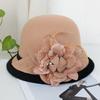 Hat women's autumn and winter new black edge woolen hat casual warm bucket hat British feather flower top hat