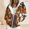 Women Plus Size Zip Up Hoodie Halloween Skeleton Pumpkin Cowboy Print Long Sleeve Casual Hooded Sweatshirt