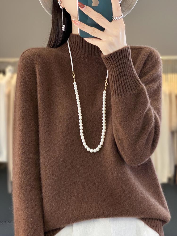 Women's 100% Pure Wool Thickened Long Sleeve Sweater - Zeng Li Style, Half-High Neck, Loose Base Layer for Autumn/Winter 2025