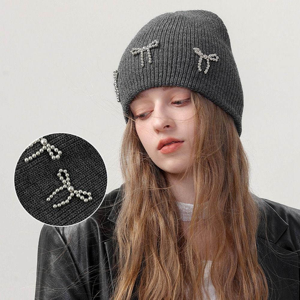 Bowknot Pearl Bow Beanies Wool Hat Knit Cap Casual Knitted Hat Apparel Accessories