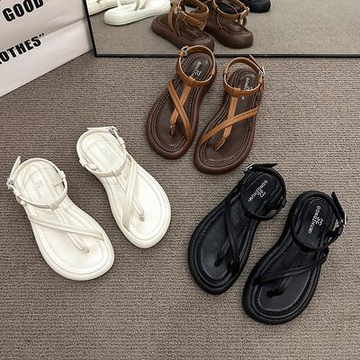 Женские повседневные сандалии на платформе, лето 2025, новая модная универсальная модель на плоской подошве, сандалии с ремешком-пряжкой