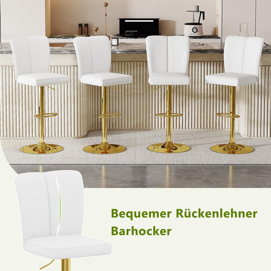 Height-Adjustable Bar Stool, Set of 2, 360 degrees Rotating, Luxurious White-Gold PU Leather, Water-Repellent, for Kitchen Islands. Colors Available.