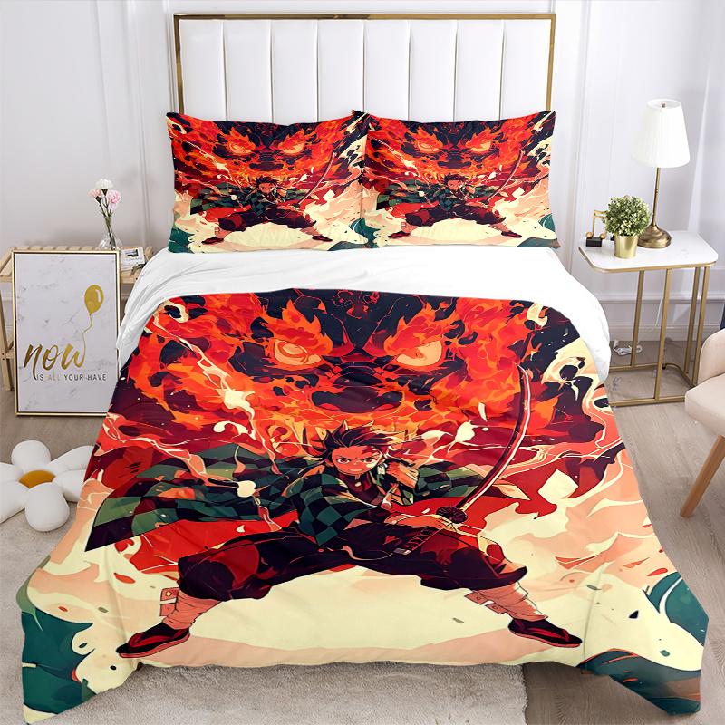 3pcs Demon Slayer Tanjiro's Quilt Cover Set - Soft & Comfortable Polyester Fabric, All-Season Breathable Comforter Set For 1 Quilt Cover & 2 Pill