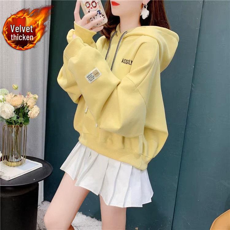 2026 Women's Plus Size Velvet Hooded Sweatshirt - Trendy Autumn/Winter Loose Top Jacket